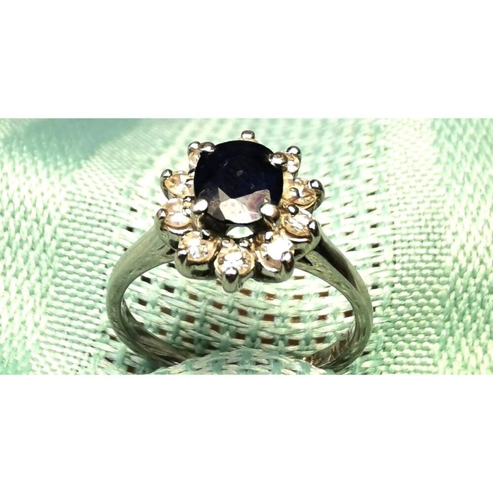 VINTAGE 1975 Custom 14k White Gold Natural Blue Sapphire & Diamond Ring 3g Sz 4